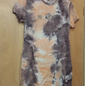 Purple Orange Tie Die  Floral Tee Shirt Dress XL